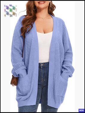 Oversized Waffle Knit Cardigan Sweater Long Sleeve Open Front with Pockets